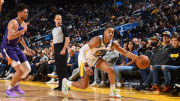 SAN FRANCISCO, CA - OCTOBER 30: Jordan Poole #3 of the Golden State Warriors handles the ball against the Phoenix Suns on October 30, 2019 at Chase Center in San Francisco, California. NOTE TO USER: User expressly acknowledges and agrees that, by downloading and or using this photograph, user is consenting to the terms and conditions of Getty Images License Agreement. Mandatory Copyright Notice: Copyright 2019 NBAE (Photo by Noah Graham/NBAE via Getty Images)