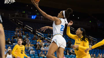 LOS ANGELES, CA - JANUARY 19: UCLA Bruins forward Monique Billings (25) goes for a layup during the game between the Cal Berkeley Golden Bears and the UCLA Bruins on January 19, 2018, at Pauley Pavilion in Los Angeles, CA. (Photo by David Dennis/Icon Sportswire via Getty Images)