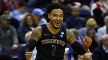 COLUMBUS, OHIO - MARCH 22: David Crisp #1 of the Washington Huskies celebrates their 78-61 win over the Utah State Aggies in the first round of the 2019 NCAA Men's Basketball Tournament at Nationwide Arena on March 22, 2019 in Columbus, Ohio. (Photo by Gregory Shamus/Getty Images)