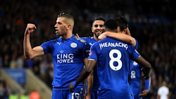 LEICESTER, ENGLAND - OCTOBER 24: Islam Slimani of Leicester City celebrates scoring his sides second goal with team mates during the Caraboa Cup Fourth Round match between Leicester City and Leeds United at The King Power Stadium on October 24, 2017 in Leicester, England. (Photo by Michael Regan/Getty Images)