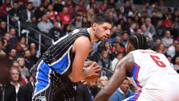 LOS ANGELES, CA - JANUARY 11: Nikola Vucevic #9 of the Orlando Magic handles the ball against the LA Clippers on January 11, 2017 at STAPLES Center in Los Angeles, California. NOTE TO USER: User expressly acknowledges and agrees that, by downloading and/or using this Photograph, user is consenting to the terms and conditions of the Getty Images License Agreement. Mandatory Copyright Notice: Copyright 2017 NBAE (Photo by Andrew D. Bernstein/NBAE via Getty Images)