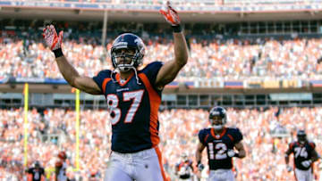 DENVER, CO - SEPTEMBER 18: Wide receiver Eric Decker #87 of the Denver Broncos celebrates after scoring a 52-yard touchdown during the fourth quarter against the Cincinnati Bengals at Sports Authority Field at Mile High on September 18, 2011 in Denver, Colorado. (Photo by Justin Edmonds/Getty Images)