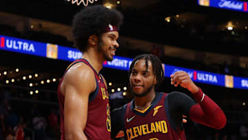 ATLANTA, GEORGIA - OCTOBER 06: Darius Garland #10 and Jarrett Allen #31 of the Cleveland Cavaliers react after their 99-96 win over the Atlanta Hawks at State Farm Arena on October 06, 2021 in Atlanta, Georgia. NOTE TO USER: User expressly acknowledges and agrees that, by downloading and or using this photograph, User is consenting to the terms and conditions of the Getty Images License Agreement. (Photo by Kevin C. Cox/Getty Images)