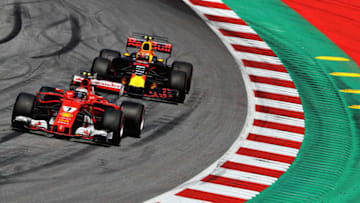 SPIELBERG, AUSTRIA - JULY 07: Kimi Raikkonen of Finland driving the (7) Scuderia Ferrari SF70H and Max Verstappen of the Netherlands driving the (33) Red Bull Racing Red Bull-TAG Heuer RB13 TAG Heuer on track during practice for the Formula One Grand Prix of Austria at Red Bull Ring on July 7, 2017 in Spielberg, Austria. (Photo by Mark Thompson/Getty Images)