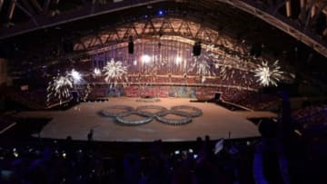 Feb 23, 2014; Sochi, RUSSIA; A general view as performers on stage form the Olympic rings during the closing ceremony for the Sochi 2014 Olympic Winter Games at Fisht Olympic Stadium. Mandatory Credit: Richard Mackson-USA TODAY Sports