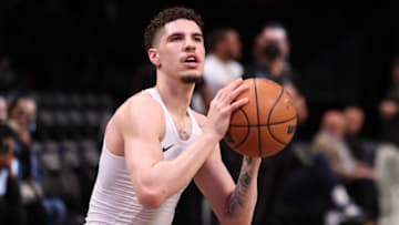 Mar 27, 2022; Brooklyn, New York, USA; Charlotte Hornets guard LaMelo Ball (2) warms up before the game against the Brooklyn Nets at Barclays Center. Mandatory Credit: Vincent Carchietta-USA TODAY Sports