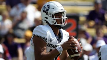 BATON ROUGE, LOUISIANA - OCTOBER 05: Quarterback Jordan Love #10 of the Utah State Aggies looks to throw a pass against the LSU Tigers at Tiger Stadium on October 05, 2019 in Baton Rouge, Louisiana. (Photo by Chris Graythen/Getty Images)