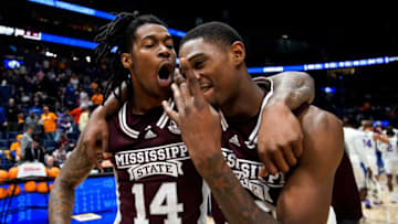 Mississippi State forward Tyler Stevenson (14) and guard Shawn Jones Jr. (30) celebrate their victory against Florida in a second round SEC Men’s Basketball Tournament game at Bridgestone Arena in Nashville, Tenn., Thursday, March 9, 2023.Fla Ms G3 030923 An 041