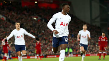LIVERPOOL, ENGLAND - FEBRUARY 04: Victor Wanyama of Tottenham Hotspur celebrates after scoring his sides first goal during the Premier League match between Liverpool and Tottenham Hotspur at Anfield on February 4, 2018 in Liverpool, England. (Photo by Clive Brunskill/Getty Images)