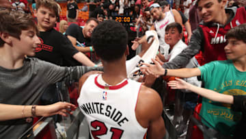 MIAMI, FL - APRIL 3: Hassan Whiteside #21 of the Miami Heat exits the arena after the game against the Atlanta Hawks on April 3, 2018 at American Airlines Arena in Miami, Florida. NOTE TO USER: User expressly acknowledges and agrees that, by downloading and/or using this photograph, user is consenting to the terms and conditions of the Getty Images License Agreement. Mandatory Copyright Notice: Copyright 2018 NBAE (Photo by Issac Baldizon/NBAE via Getty Images)