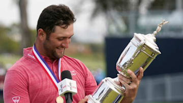 Jun 20, 2021; San Diego, California, USA; Jon Rahm celebrates with the trophy after winning he U.S. Open golf tournament at Torrey Pines Golf Course. Mandatory Credit: Michael Madrid-USA TODAY Sports