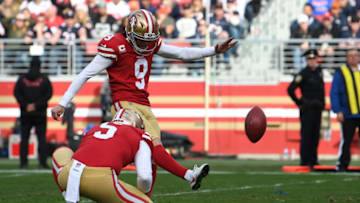 SANTA CLARA, CA - DECEMBER 23: Robbie Gould #9 of the San Francisco 49ers kicks a field goal against the Chicago Bears during their NFL game at Levi's Stadium on December 23, 2018 in Santa Clara, California. (Photo by Thearon W. Henderson/Getty Images)