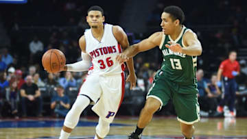 Oct 17, 2016; Auburn Hills, MI, USA; Detroit Pistons guard Ray McCallum (36) brings the ball up court against Milwaukee Bucks guard Malcolm Brogdon (13) during the first quarter at The Palace of Auburn Hills. Mandatory Credit: Tim Fuller-USA TODAY Sports