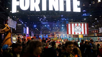 PARIS, FRANCE - OCTOBER 26: The logo of the video game 'Fortnite' developed by Epic Games is displayed during the 'Paris Games Week' on October 26, 2018 in Paris, France. 'Paris Games Week' is an international trade fair for video games and runs from October 26 to 31, 2018. (Photo by Chesnot/Getty Images)