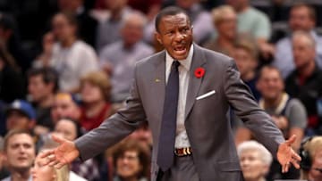 DENVER, CO - NOVEMBER 01: Head coach Dwane Casey of the Toronto Raptors shouts instructions to his team as they play the Denver Nuggets at the Pepsi Center on November 1, 2017 in Denver, Colorado. NOTE TO USER: User expressly acknowledges and agrees that, by downloading and or using this photograph, User is consenting to the terms and conditions of the Getty Images License Agreement. (Photo by Matthew Stockman/Getty Images)