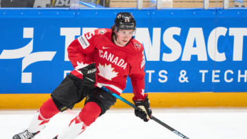 RIGA, LATVIA - MAY 23: Owen Power #25 of Canada in action during the 2021 IIHF Ice Hockey World Championship group stage game between Canada and the United States at Arena Riga on May 23, 2021 in Riga, Latvia. The United States defeated Canada 5-1. (Photo by EyesWideOpen/Getty Images)