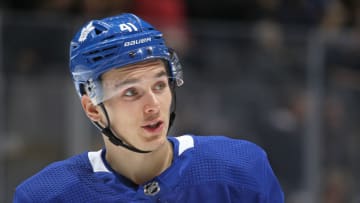 TORONTO, ON - NOVEMBER 30: Dmytro Timashov #41 of the Toronto Maple Leafs waits for play to resume against the Buffalo Sabres during an NHL game at Scotiabank Arena on November 30, 2019 in Toronto, Ontario, Canada. The Maple Leafs defeated the Sabres 2-1 in overtime. (Photo by Claus Andersen/Getty Images)