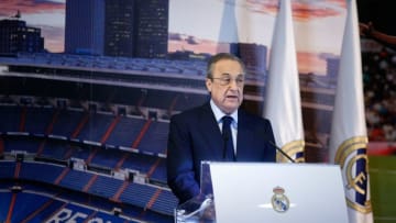 Real Madrid president Florentino Perez speaks to the press during the official presentation of Real Madrid's Spanish-Dominican forward Mariano at the Santiago Bernabeu Stadium in Madrid on August 31, 2018. (Photo by Benjamin CREMEL / AFP) (Photo credit should read BENJAMIN CREMEL/AFP/Getty Images)