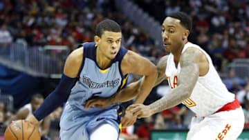 Mar 12, 2016; Atlanta, GA, USA; Memphis Grizzlies guard Ray McCallum (5) is defended by Atlanta Hawks guard Jeff Teague (0) in the second quarter at Philips Arena. Mandatory Credit: Brett Davis-USA TODAY Sports