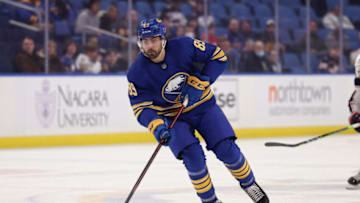 Feb 10, 2022; Buffalo, New York, USA; Buffalo Sabres right wing Alex Tuch (89) skates with the puck during the third period against the Columbus Blue Jackets at KeyBank Center. Mandatory Credit: Timothy T. Ludwig-USA TODAY Sports