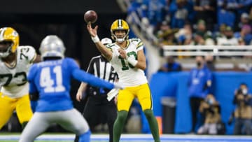 Jan 9, 2022; Detroit, Michigan, USA; Green Bay Packers quarterback Jordan Love (10) passes the ball during the fourth quarter against the Detroit Lions at Ford Field. Mandatory Credit: Raj Mehta-USA TODAY Sports