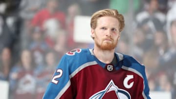 DENVER, CO - APRIL 17: Gabriel Landeskog #92 of the Colorado Avalanche skates against the Calgary Flames in Game Four of the Western Conference First Round during the 2019 NHL Stanley Cup Playoffs at the Pepsi Center on April 17, 2019 in Denver, Colorado. (Photo by Michael Martin/NHLI via Getty Images)