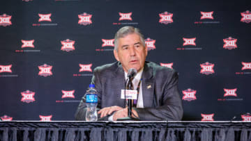 Mar 12, 2020; Kansas City, Missouri, USA; Big 12 commissioner Bob Bowlsby speaks to reporters during the press conference cancelling tournament games at Sprint Center. Mandatory Credit: William Purnell-USA TODAY Sports