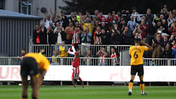 NEWPORT, WALES - AUGUST 25: Nathan Tella of Southampton celebrates scoring his side's second goal during the Carabao Cup Second Round match between Newport County and Southampton at the Rodney Parade on August 25, 2021 in Newport, Wales. (Photo by Athena Pictures/Getty Images)