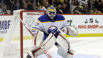 Dec 17, 2021; Pittsburgh, Pennsylvania, USA; Buffalo Sabres goaltender Malcolm Subban (47) guards the net against the Pittsburgh Penguins during the second period at PPG Paints Arena. Mandatory Credit: Charles LeClaire-USA TODAY Sports