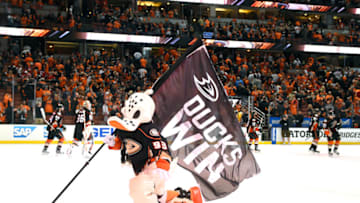 ANAHEIM, CA - APRIL 15: Ducks mascot Wild Wing celebrates the victory during game 2 of the first round of the 2017 NHL Stanley Cup Playoffs between the Calgary Flames and the Anaheim Ducks on April 15, 2017 at Honda Center in Anaheim, CA. The Ducks defeated the Flames 3-2. (Photo by Chris Williams/Icon Sportswire via Getty Images)