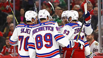 CHICAGO, IL - NOVEMBER 15: Members of the New York Rangers including (L-R) Brady Skjei (Photo by Jonathan Daniel/Getty Images)