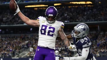 ARLINGTON, TEXAS - NOVEMBER 10: Kyle Rudolph #82 of the Minnesota Vikings makes a two-point conversion against Chidobe Awuzie #24 of the Dallas Cowboys in the third quarter at AT&T Stadium on November 10, 2019 in Arlington, Texas. (Photo by Ronald Martinez/Getty Images)