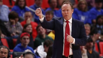 DETROIT, MI - NOVEMBER 10: Head coach Mike Budenholzer of the Atlanta Hawks looks on from the bench while playing the Detroit Pistons at Little Caesars Arena on November 10, 2017 in Detroit, Michigan. Detroit won the game 111-104. NOTE TO USER: User expressly acknowledges and agrees that, by downloading and or using this photograph, User is consenting to the terms and conditions of the Getty Images License Agreement. (Photo by Gregory Shamus/Getty Images)