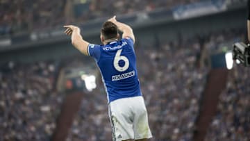 GELSENKIRCHEN, GERMANY - MAY 13: Sead Kolasinac of Schalke does a throw-in during the Bundesliga match between FC Schalke 04 and Hamburger SV at Veltins-Arena on May 13, 2017 in Gelsenkirchen, Germany. (Photo by Christof Koepsel/Bundesliga/DFL via Getty Images )