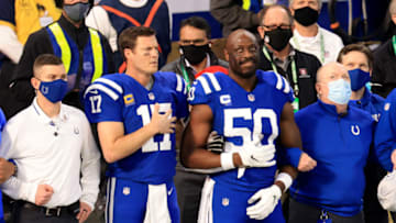 INDIANAPOLIS, INDIANA - DECEMBER 20: Philip Rivers #17 and Justin Houston #50 of the Indianapolis Colts on the sidelines before the game against the Houston Texans at Lucas Oil Stadium on December 20, 2020 in Indianapolis, Indiana. (Photo by Justin Casterline/Getty Images)