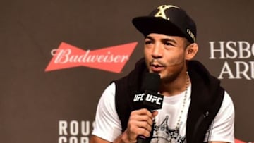 Jul 31, 2015; Rio de Janeiro, RJ, Brazil; Jose Aldo interacts with fans during a Q&A session before weigh-ins for UFC 190 at HSBC Arena. Mandatory Credit: Jason Silva-USA TODAY Sports
