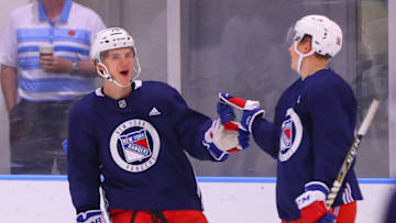 NEW YORK, NY - JUNE 29: New York Rangers Right Wing Vitali Kravtsov (74) celebrates after he scores during New York Rangers Prospect Development Camp on June 29, 2018 at the MSG Training Center in New York, NY. (Photo by Rich Graessle/Icon Sportswire via Getty Images)