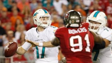 Nov 11, 2013; Tampa, FL, USA; Miami Dolphins quarterback Ryan Tannehill (17) throws the ball as Tampa Bay Buccaneers defensive end Da