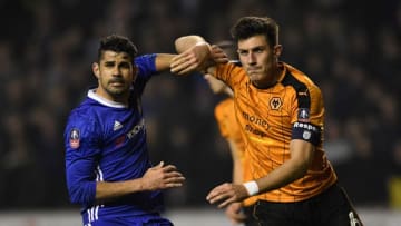 WOLVERHAMPTON, ENGLAND - FEBRUARY 18: Chelsea striker Diego Costa (l) and Wolves player Danny Batth in action during The Emirates FA Cup Fifth Round match between Wolverhampton Wanderers and Chelsea at Molineux on February 18, 2017 in Wolverhampton, England. (Photo by Stu Forster/Getty Images)