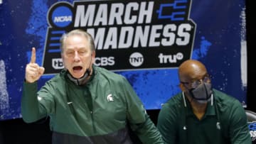 Michigan State head coach Tom Izzo yells to his players during the First Four of the 2021 NCAA Tournament on Thursday, March 18, 2021, at Mackey Arena in West Lafayette, Ind. Mandatory Credit: Robert Scheer/IndyStar via USA TODAY Sports