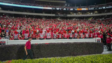 Sep 18, 2021; Athens, Georgia, USA; Georgia Bulldogs fans in the student section try to help recruit high school player Arch Manning during the second half against the South Carolina Gamecocks at Sanford Stadium. Mandatory Credit: Dale Zanine-USA TODAY Sports