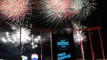 KANSAS CITY, MO - JUNE 01: Fireworks exploded in the sky after a Major League Baseball game between the Oakland Athletics and the Kansas City Royals on June 01, 2018, at Kauffman Stadium, Kansas City, MO. The Athletics won, 16-0. (Photo by Keith Gillett/Icon Sportswire via Getty Images)