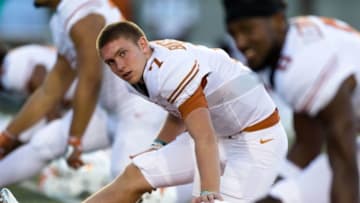 Sep 17, 2016; Berkeley, CA, USA; Texas Longhorns quarterback Shane Buechele (7) warms up prior to the game against the California Golden Bears at Memorial Stadium. Mandatory Credit: John Hefti-USA TODAY Sports