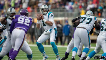 Nov 30, 2014; Minneapolis, MN, USA; Carolina Panthers quarterback Cam Newton (1) passes against the Minnesota Vikings in the second quarter at TCF Bank Stadium. Mandatory Credit: Bruce Kluckhohn-USA TODAY Sports
