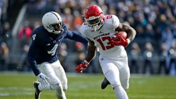 STATE COLLEGE, PA - NOVEMBER 11: Gus Edwards #13 of the Rutgers Scarlet Knights rushes against Nick Scott #4 of the Penn State Nittany Lions at Beaver Stadium on November 11, 2017 in State College, Pennsylvania. (Photo by Justin K. Aller/Getty Images)