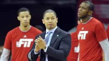 Jan 25, 2016; Cleveland, OH, USA; Cleveland Cavaliers head coach Tyronn Lue reacts during a timeout in the first quarter against the Minnesota Timberwolves at Quicken Loans Arena. Mandatory Credit: David Richard-USA TODAY Sports