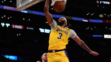 Nov 8, 2021; Los Angeles, California, USA; Los Angeles Lakers forward Anthony Davis (3) moves in for a dunk against the Charlotte Hornets during the second half at Staples Center. Mandatory Credit: Gary A. Vasquez-USA TODAY Sports