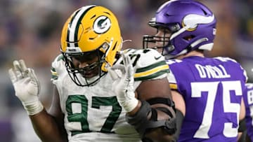 MINNEAPOLIS, MINNESOTA - DECEMBER 23: Nose tackle Kenny Clark #97 of the Green Bay Packers celebrates a sack against the Minnesota Vikings during the game at U.S. Bank Stadium on December 23, 2019 in Minneapolis, Minnesota. (Photo by Hannah Foslien/Getty Images)