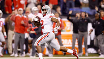 INDIANAPOLIS, IN - DECEMBER 02: J.K. Dobbins #2 of the Ohio State Buckeyes runs with the ball against the Wisconsin Badgers in the Big Ten Championship at Lucas Oil Stadium on December 2, 2017 in Indianapolis, Indiana. Ohio State won 27-21. (Photo by Andy Lyons/Getty Images)
