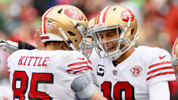 George Kittle #85 celebrates with Jimmy Garoppolo #10 of the San Francisco 49ers (Photo by Steph Chambers/Getty Images)